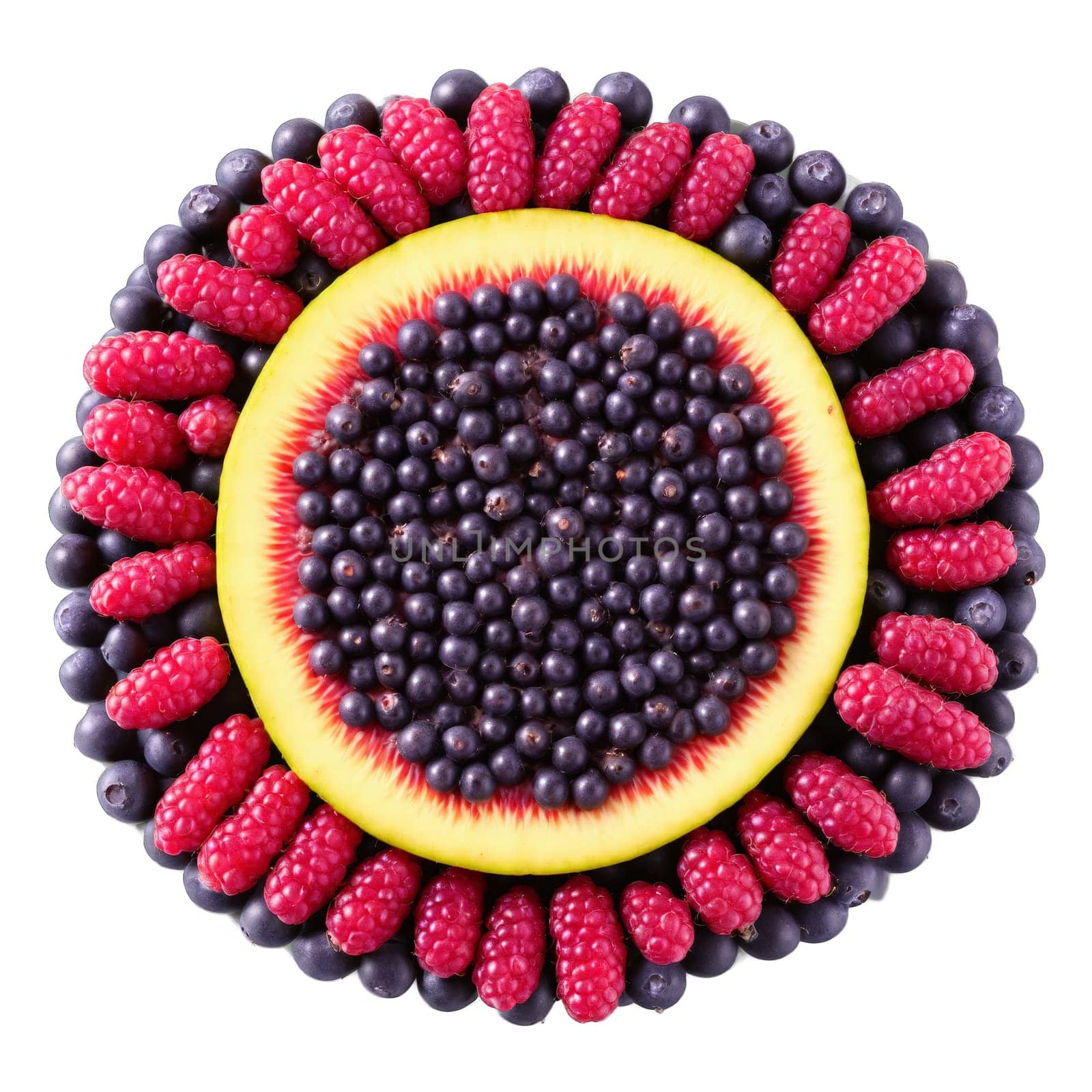 Acai Berries dark purple acai berries forming a mandala pattern with some berries crushed by panophotograph