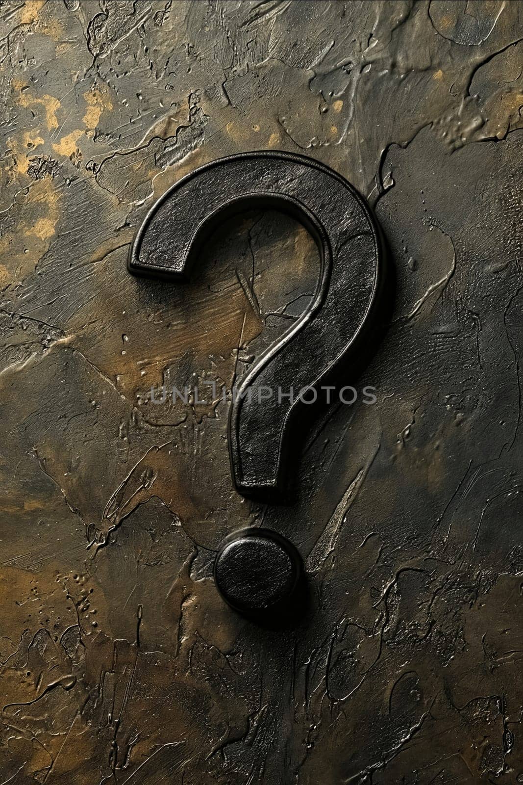 A black question mark is on a brown surface. The image has a mysterious and intriguing mood. Generative AI