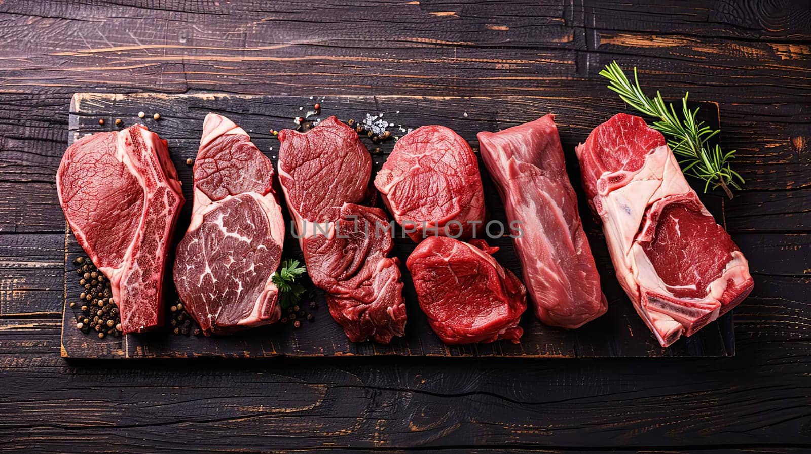 fresh steaks on a wooden board, food Generative AI,