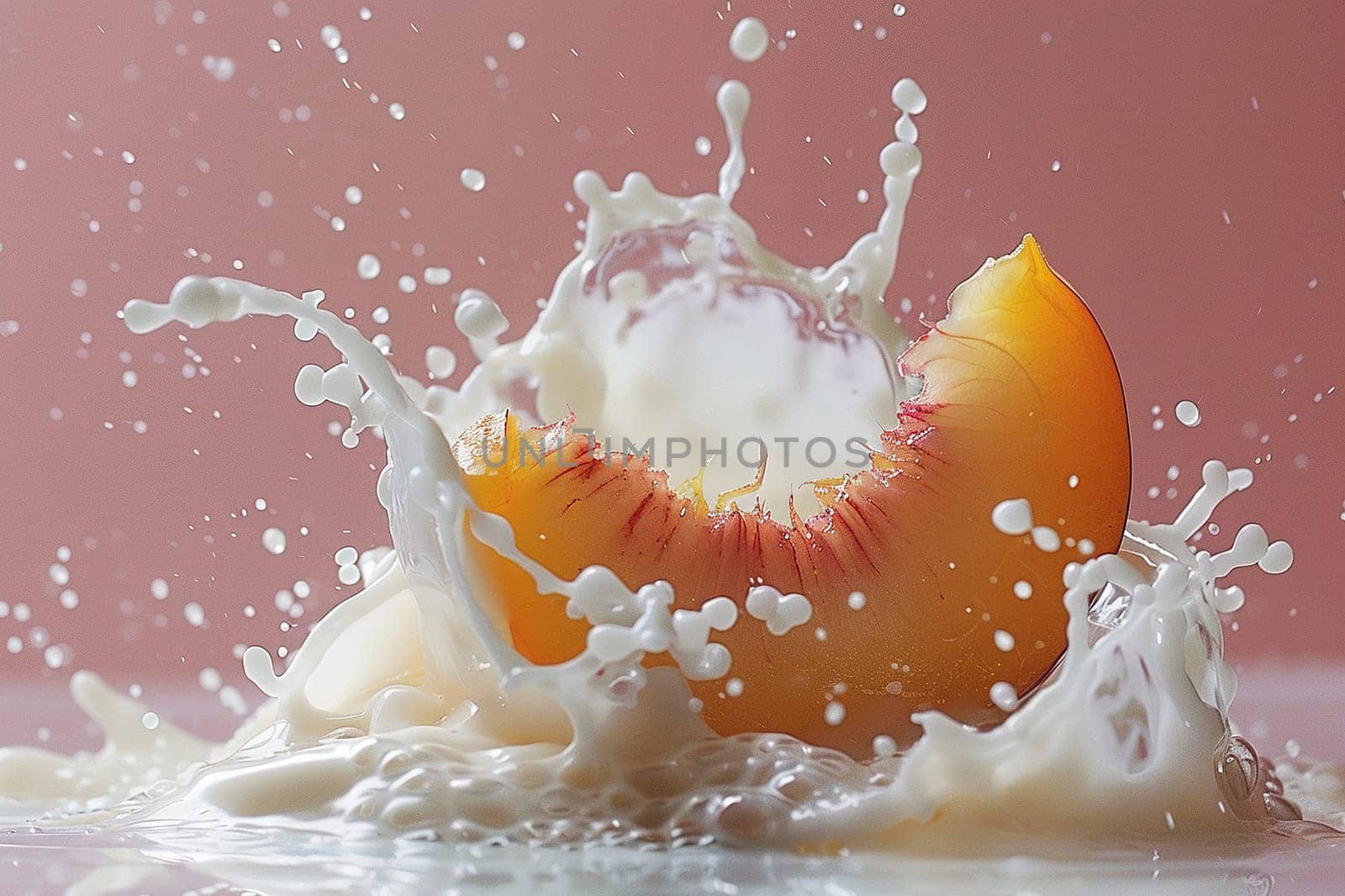 A slice of peach in a splash of milk on a pink background. Peach yogurt or milkshake.