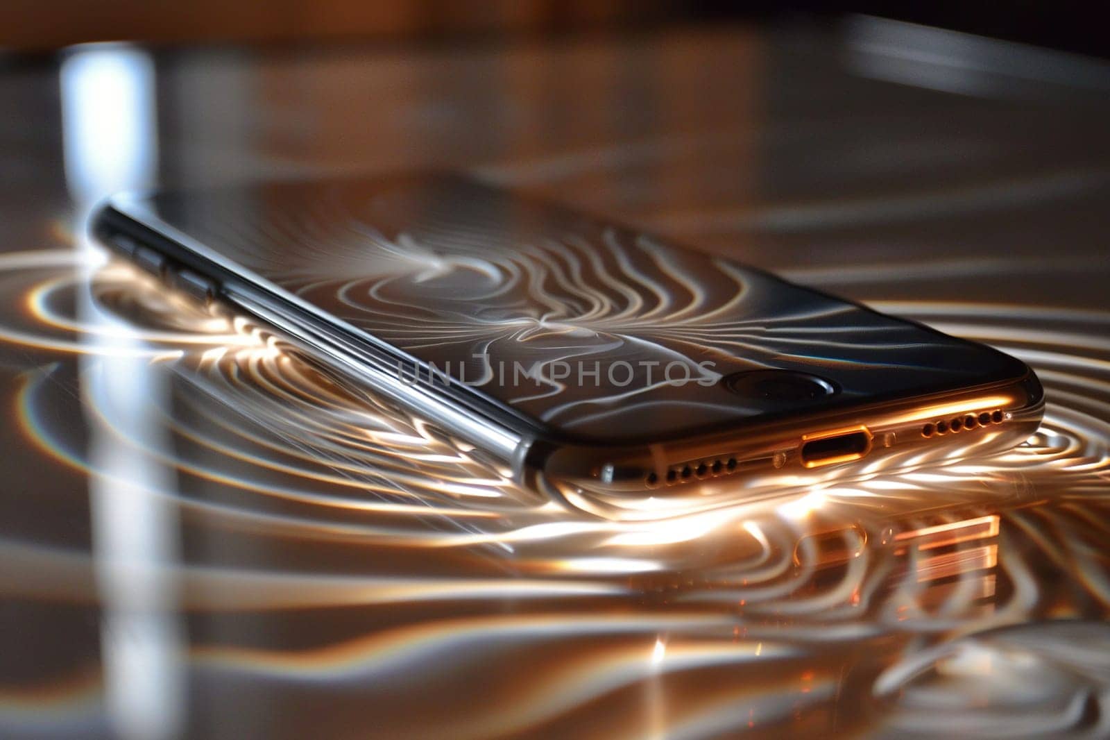 A modern black smartphone lies on a mirror surface with reflections on the switched off screen. High tech smartphone concept. Generated by artificial intelligence by Vovmar