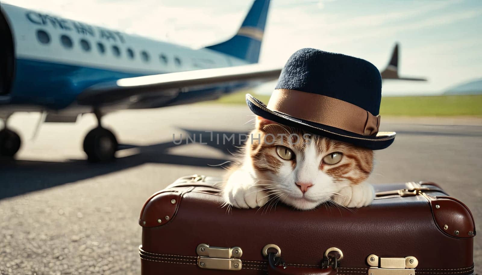 Traveler cat at airport, private jet awaits. Cat adorned with stylish hat sits atop suitcase, evoking sense of companionship in travel