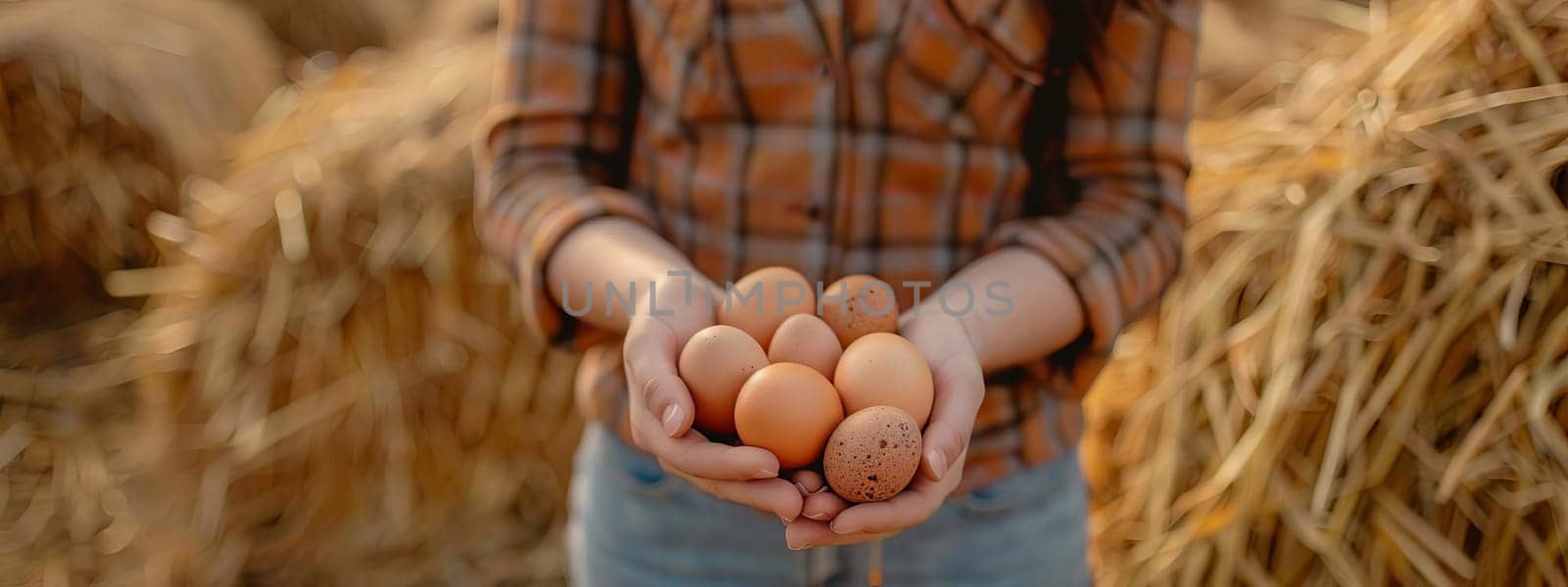 a woman holds chicken eggs in her hands against the background of chickens. farm, Generative AI,