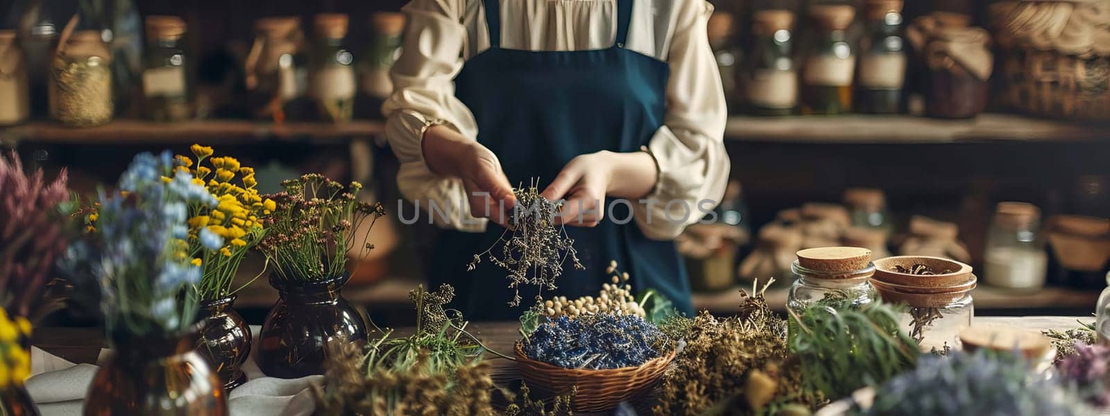 A woman holds medicinal herbs in her hands. Selective focus. Generative AI, by mila1784