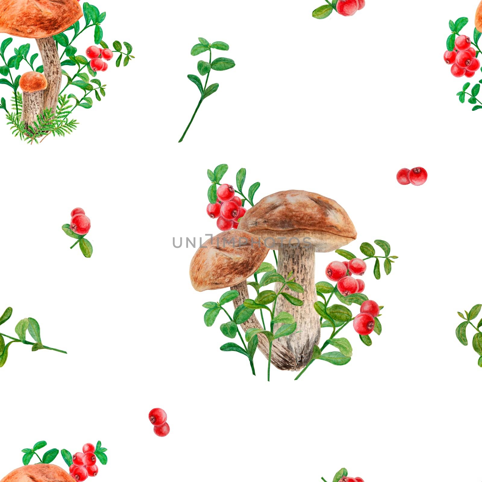 Wild mushrooms, red wild berries watercolor seamless pattern. Hand drawn botanical realistic ornament. Forest boletus and cranberry botanical motif for printing on fabric, packing paper, wallpaper by florainlove_art
