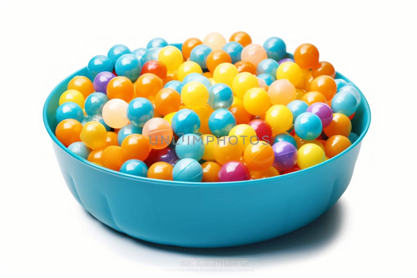 Kiddie soft pool full of colorful plastic balls isolated on white background. Generated AI.