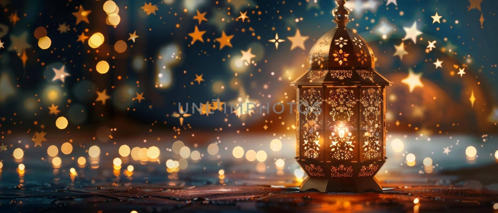 A decorative lantern glows with a starry light, surrounded by a celestial bokeh backdrop of stars and warm glimmers