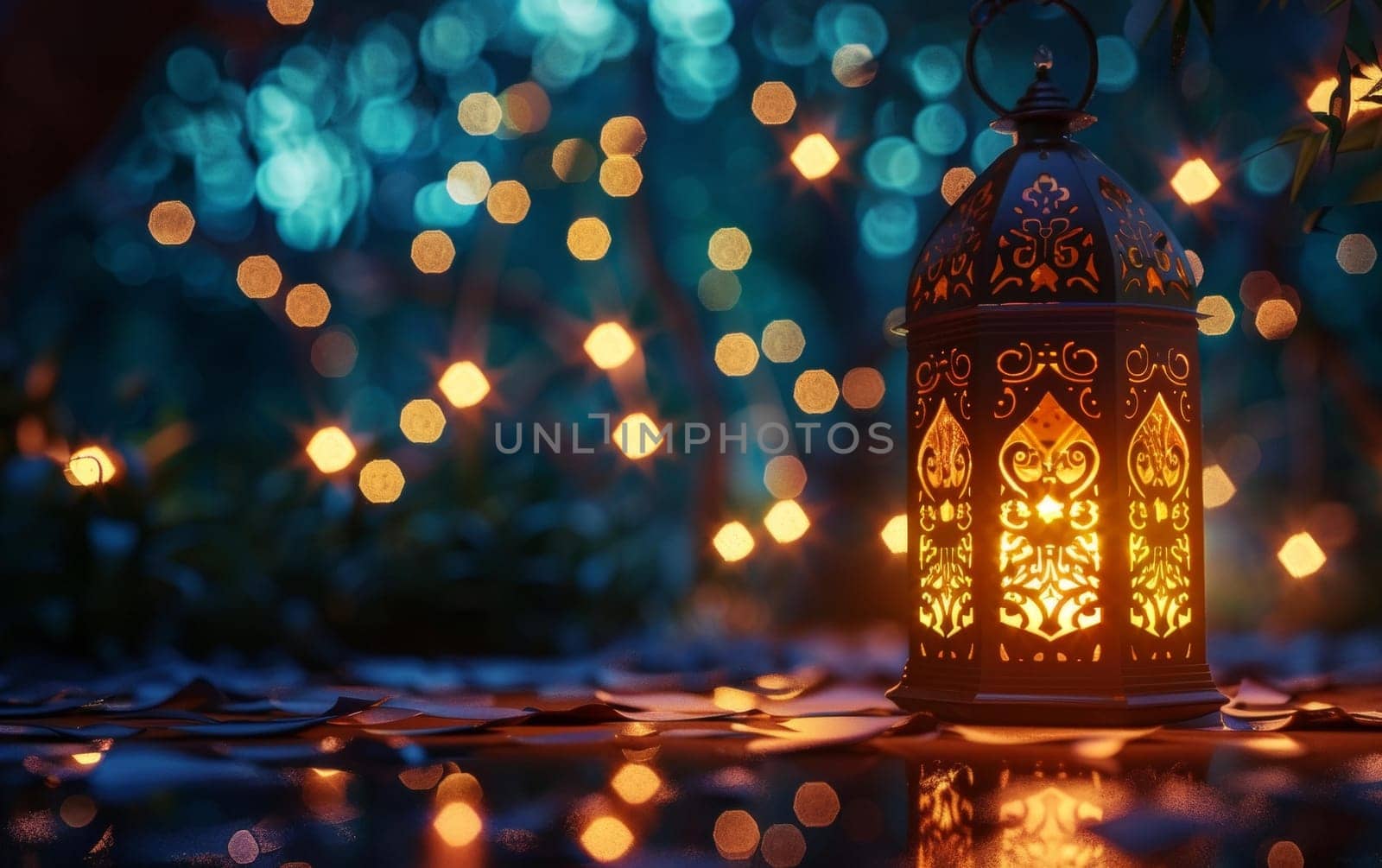 A lantern radiates a golden glow, contrasting with the cool blue bokeh of a serene night, creating an atmosphere of tranquility