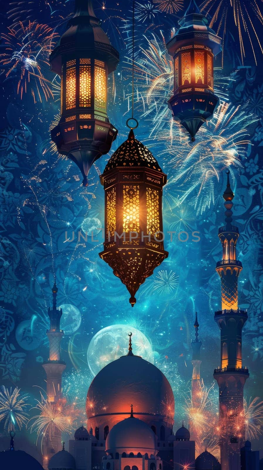 A trio of glowing lanterns adorns a night sky filled with fireworks above an Islamic cityscape with a moonlit dome