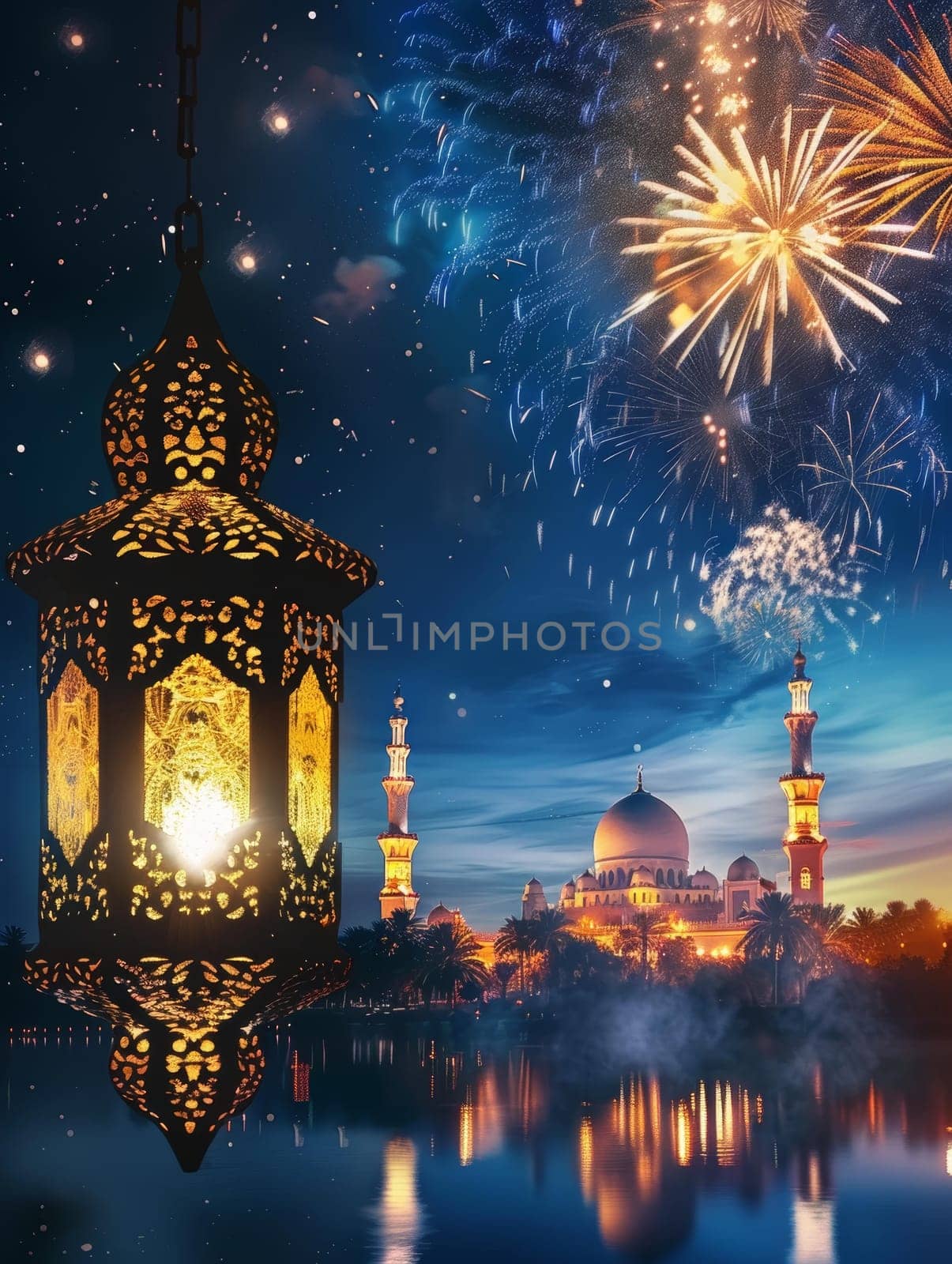 An intricately patterned lantern hangs above a serene lakeside view, highlighting a majestic mosque amidst fireworks