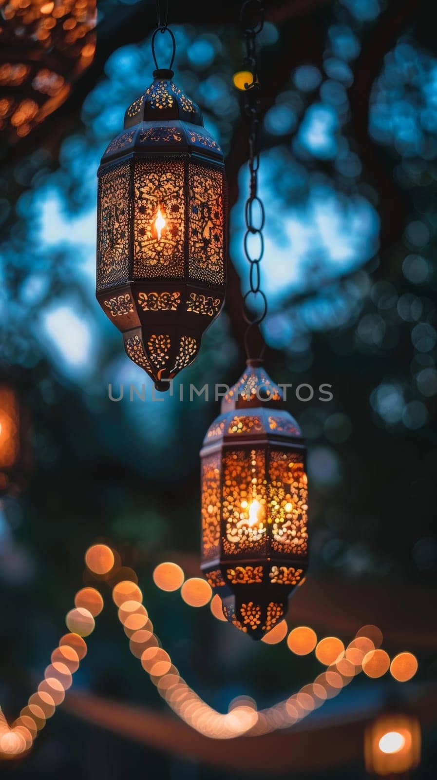Arabesque lanterns suspended in the night, their intricate patterns casting a soft glow amidst the bokeh light dance