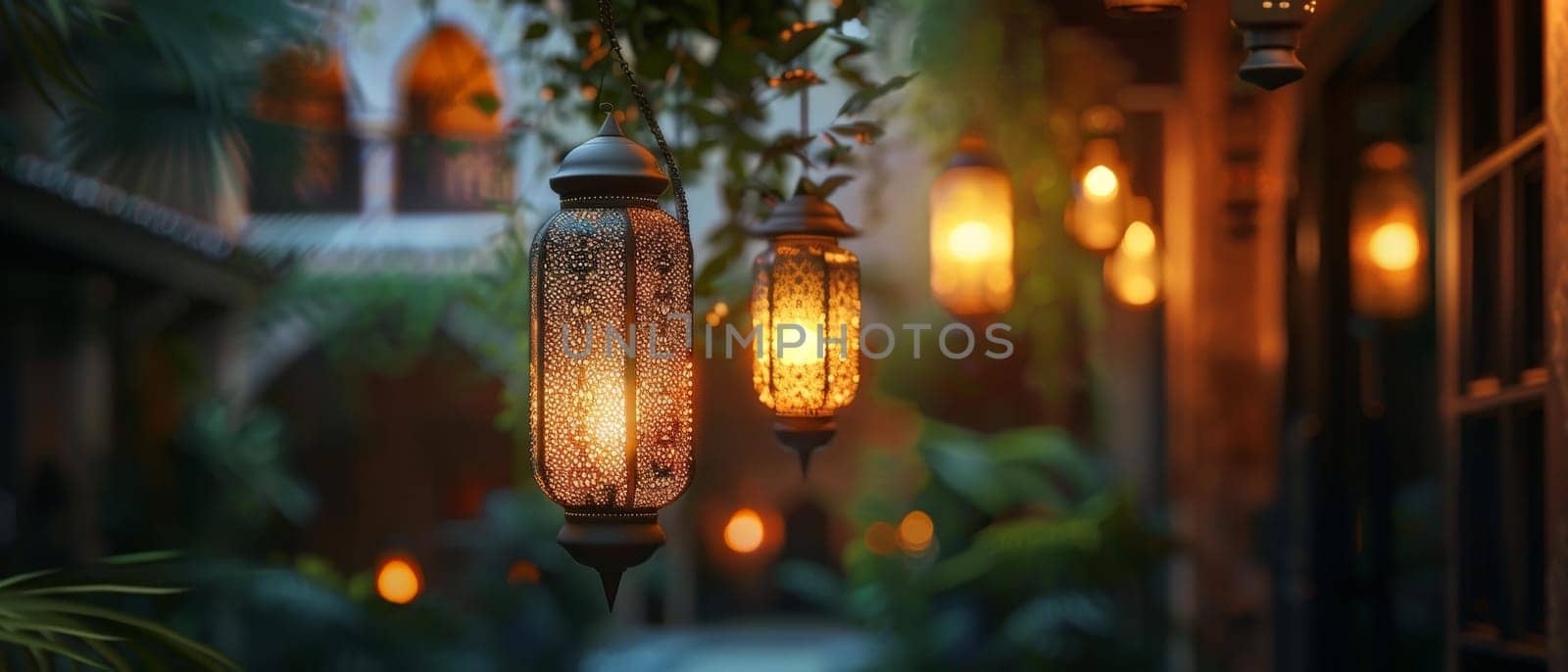 Dusk sets the scene as elegant hanging lanterns radiate warmth, gently lighting up an ornate corridor with inviting ambiance