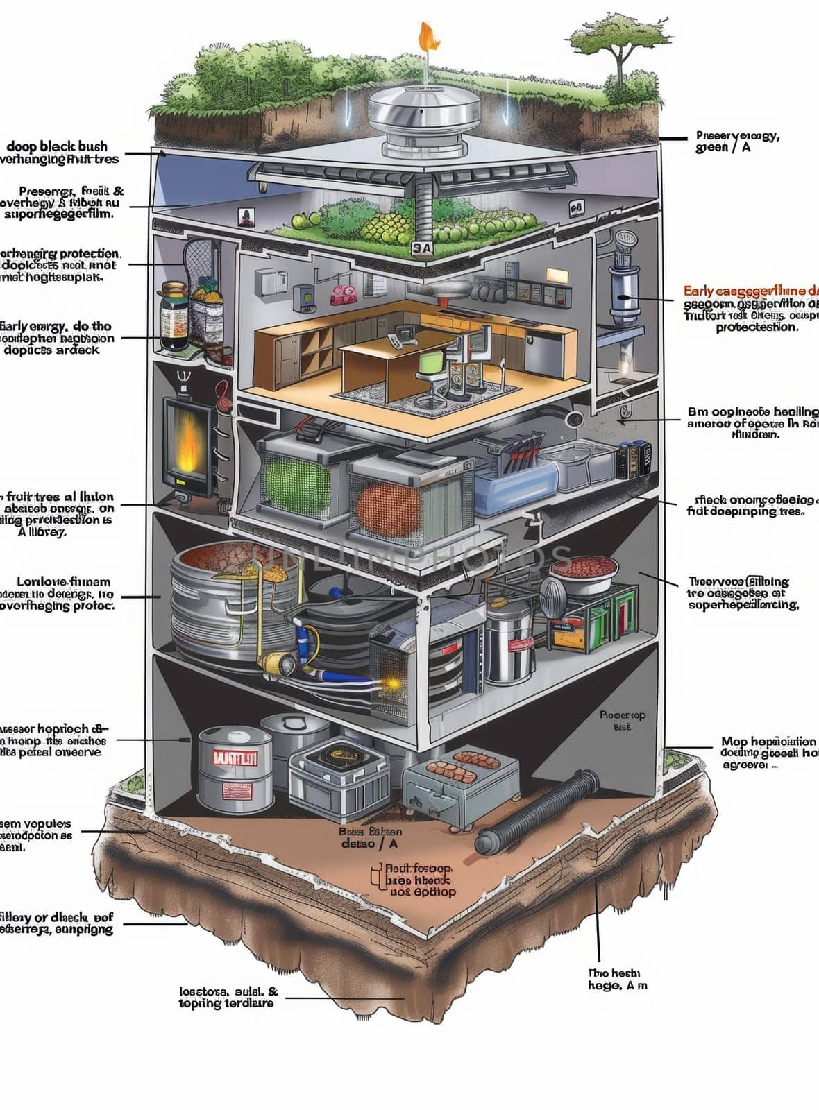 Sectional view of an innovative eco-habitat with integrated green technologies and self-sustaining environmental systems. by sfinks