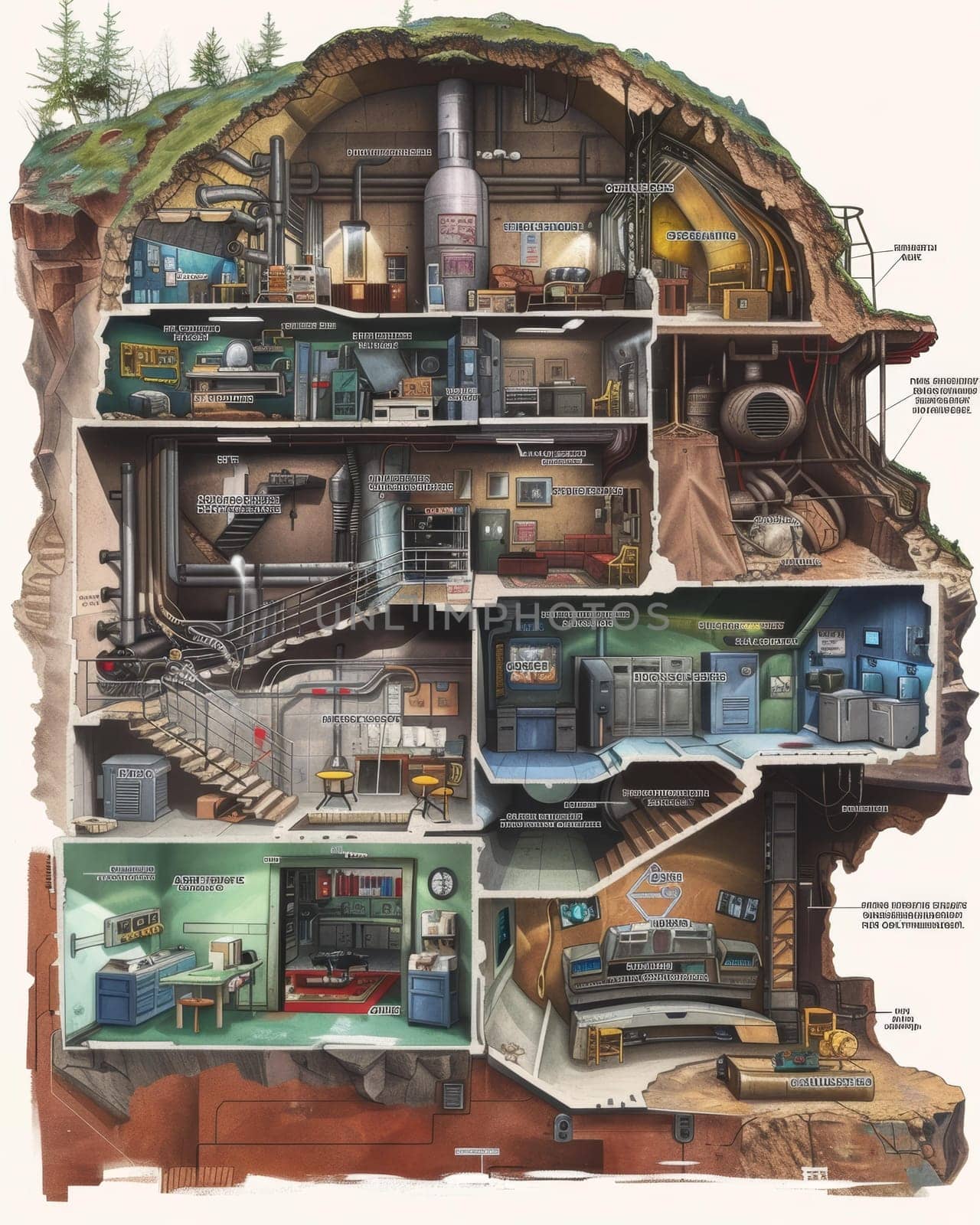 The cross-section of an earth-sheltered facility showcases innovative designs in self-sufficient living and ecological integration. by sfinks