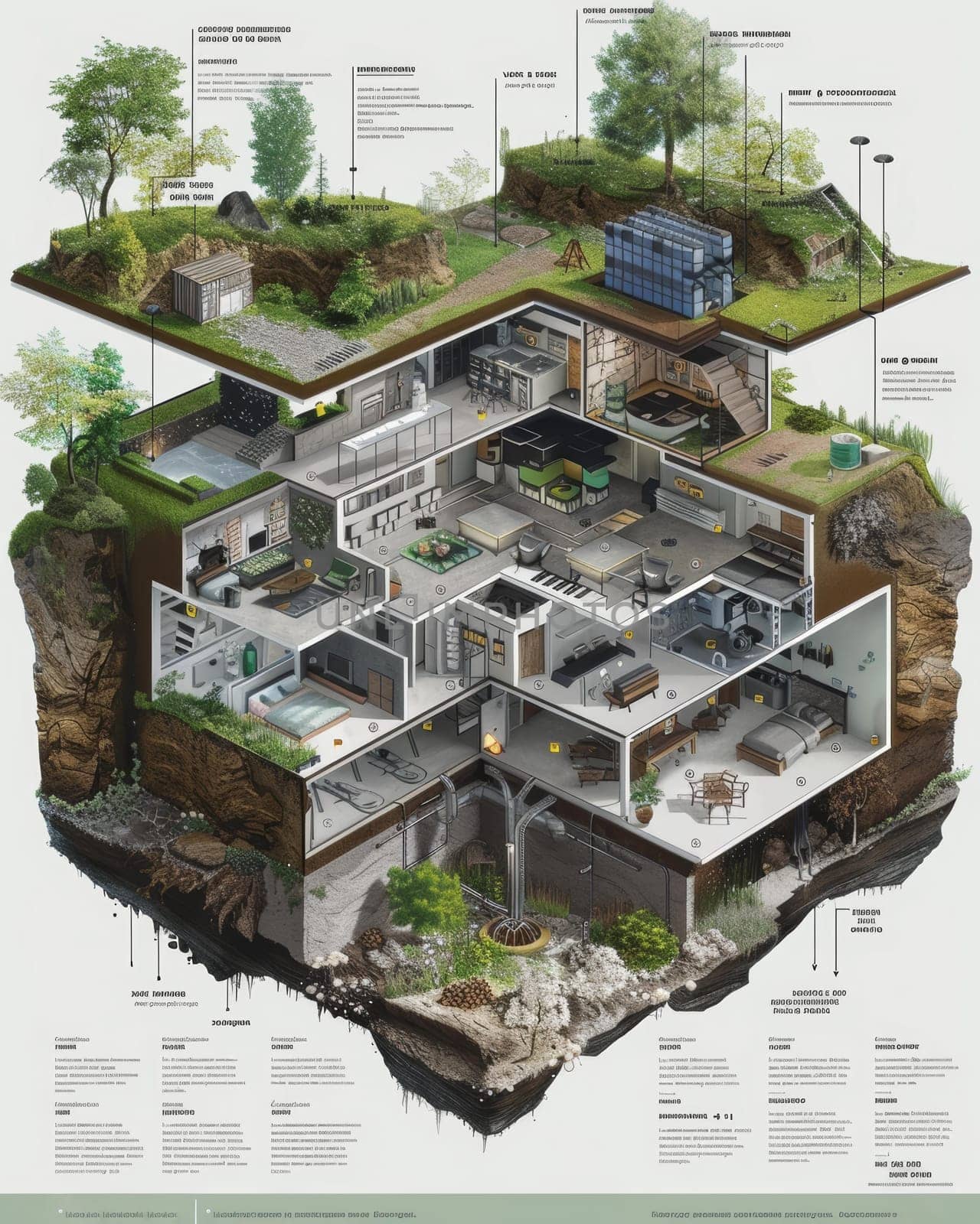 An eco-conscious habitat is revealed in this cross-section, illustrating a harmonious blend of modern living and nature integration. by sfinks