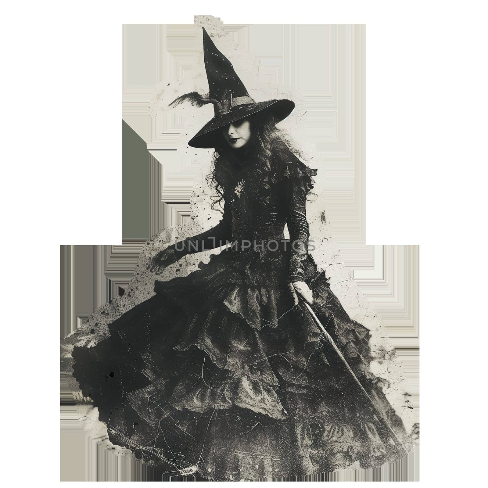 Monochrome vintage photo of halloween witch cut out ai generated image