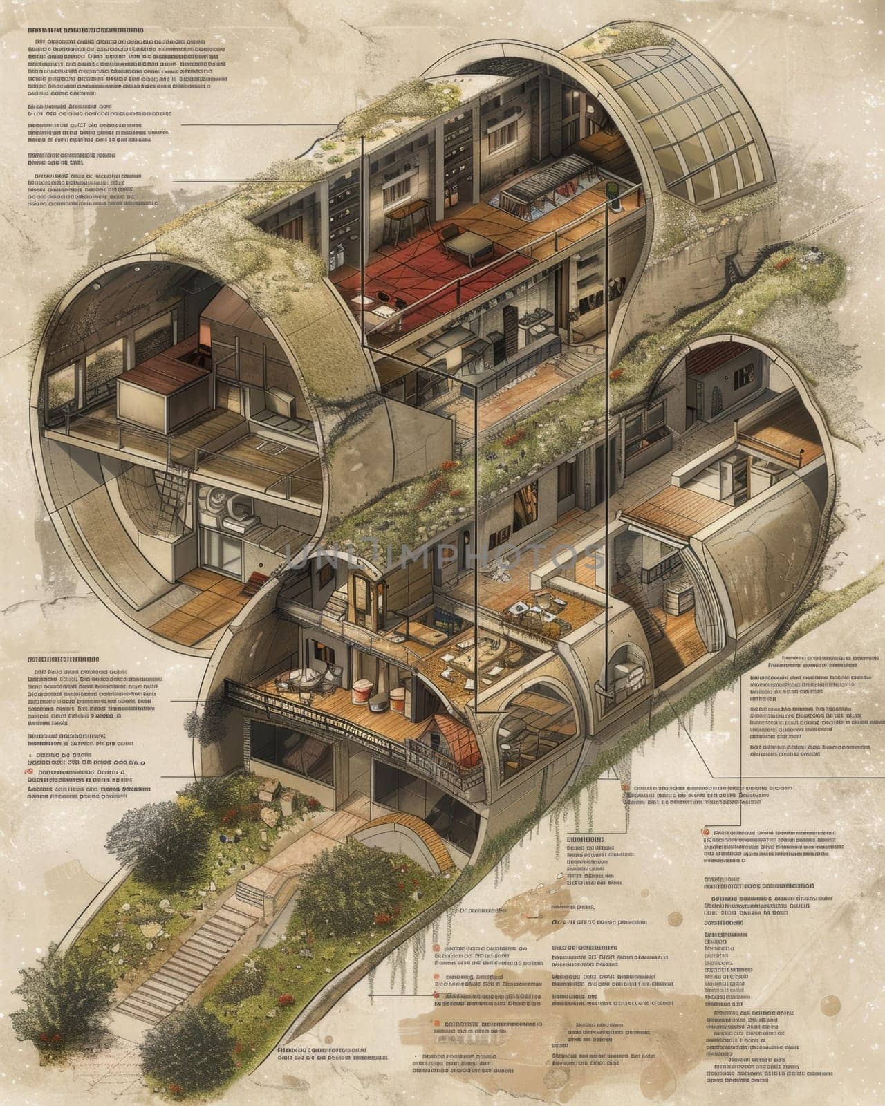 A vintage-style cross-section depicting an ecologically designed earthship with lush green roofing and multiple sustainable living spaces