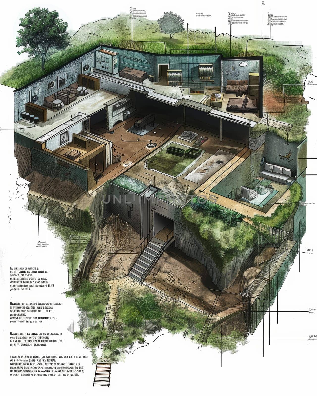 Detailed sectional perspective of an underground eco-house, revealing a modern, sustainable interior and surrounding earth layers