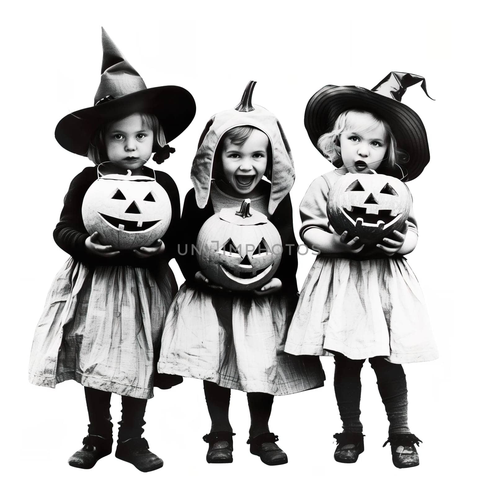 Monochrome vintage photo of halloween childs with pumpkins cut out ai generated image