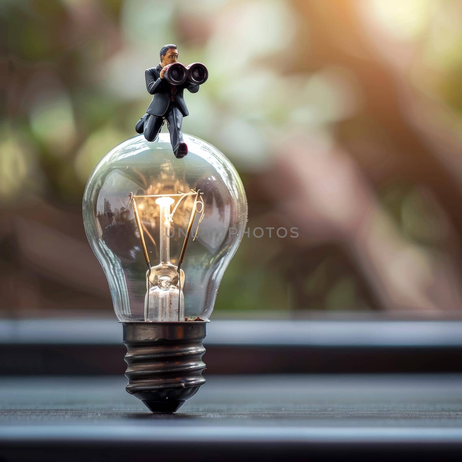 Businessman entrepreneur sitting on a light bulb with binoculars and search new idea or searching for success solution. Concept of curiosity and creativity to help see business vision opportunity