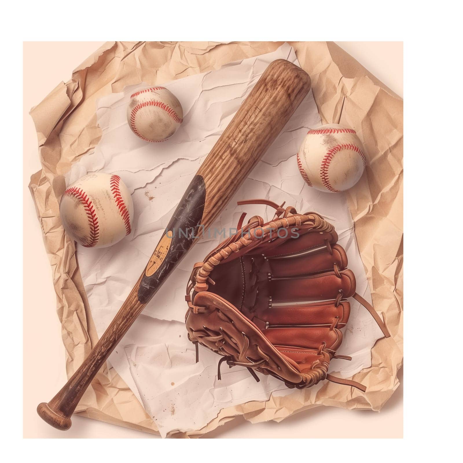Baseball equipment on crumpled paper cut out ai generated image