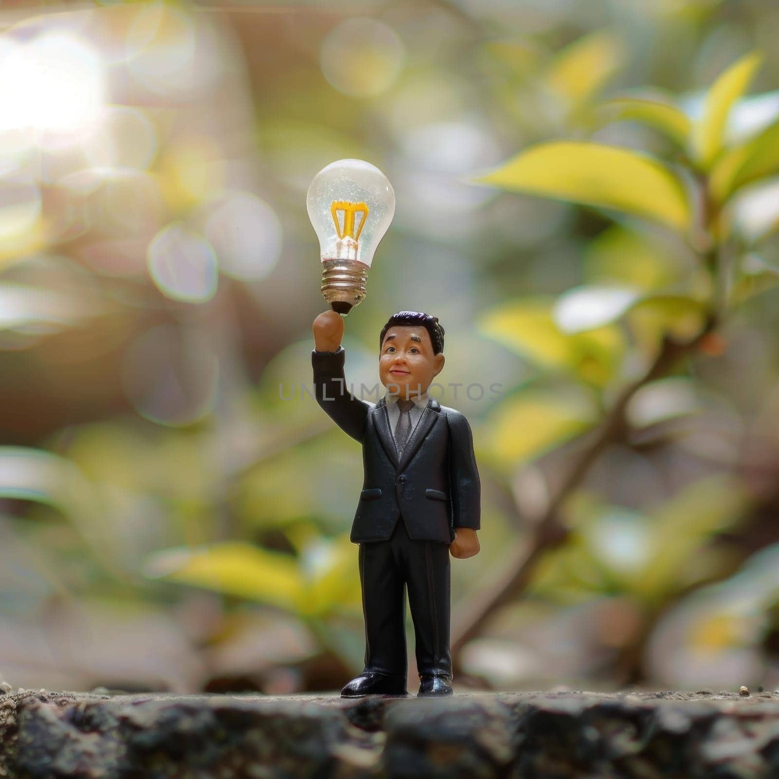 Smart businessman holding a light bulb thinking about idea, innovation, creativity for business success. Miniature entrepreneur with creative imagination for solution to solve problem or brainstorm