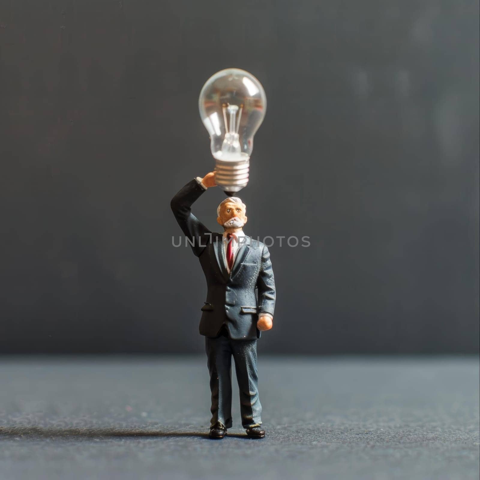 Smart businessman holding a light bulb thinking about idea, innovation, creativity for business success. Miniature entrepreneur with creative imagination for solution to solve problem or brainstorm