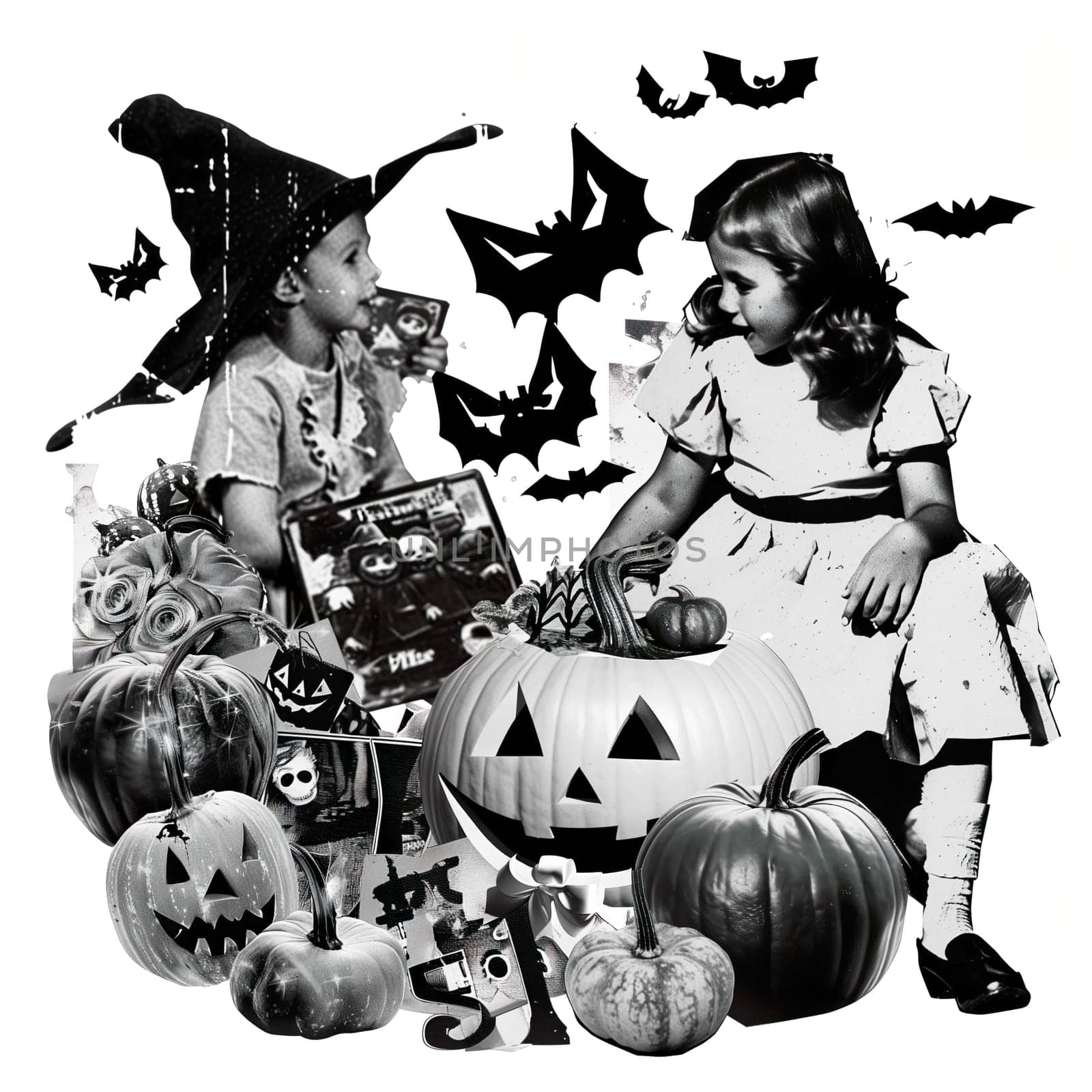 Monochrome vintage photo of halloween childs with pumpkins cut out image by Dustick