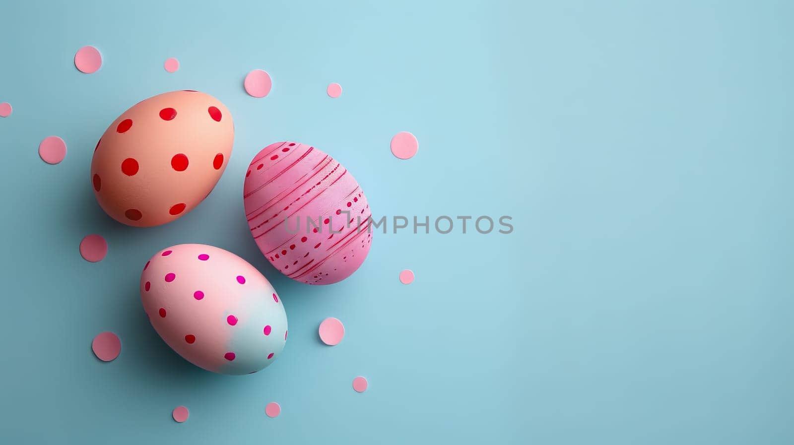 Easter eggs on blank background with pastel colours, leaving ample space for text