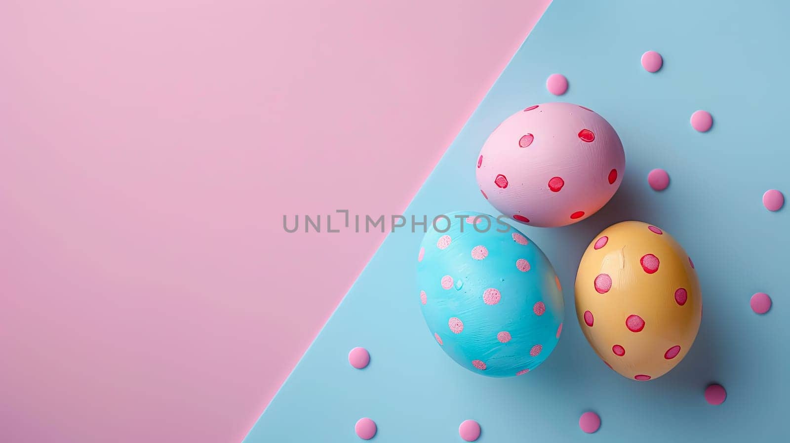 Easter eggs on blank background with pastel colours, leaving ample space for text