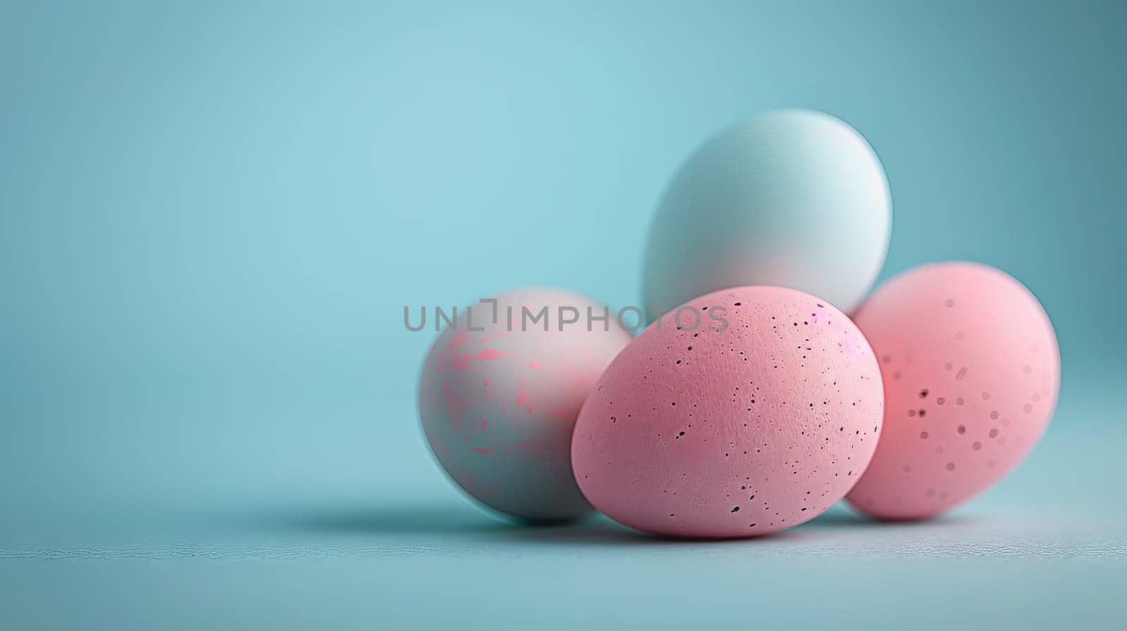 Easter eggs on blank background with pastel colours, leaving ample space for text