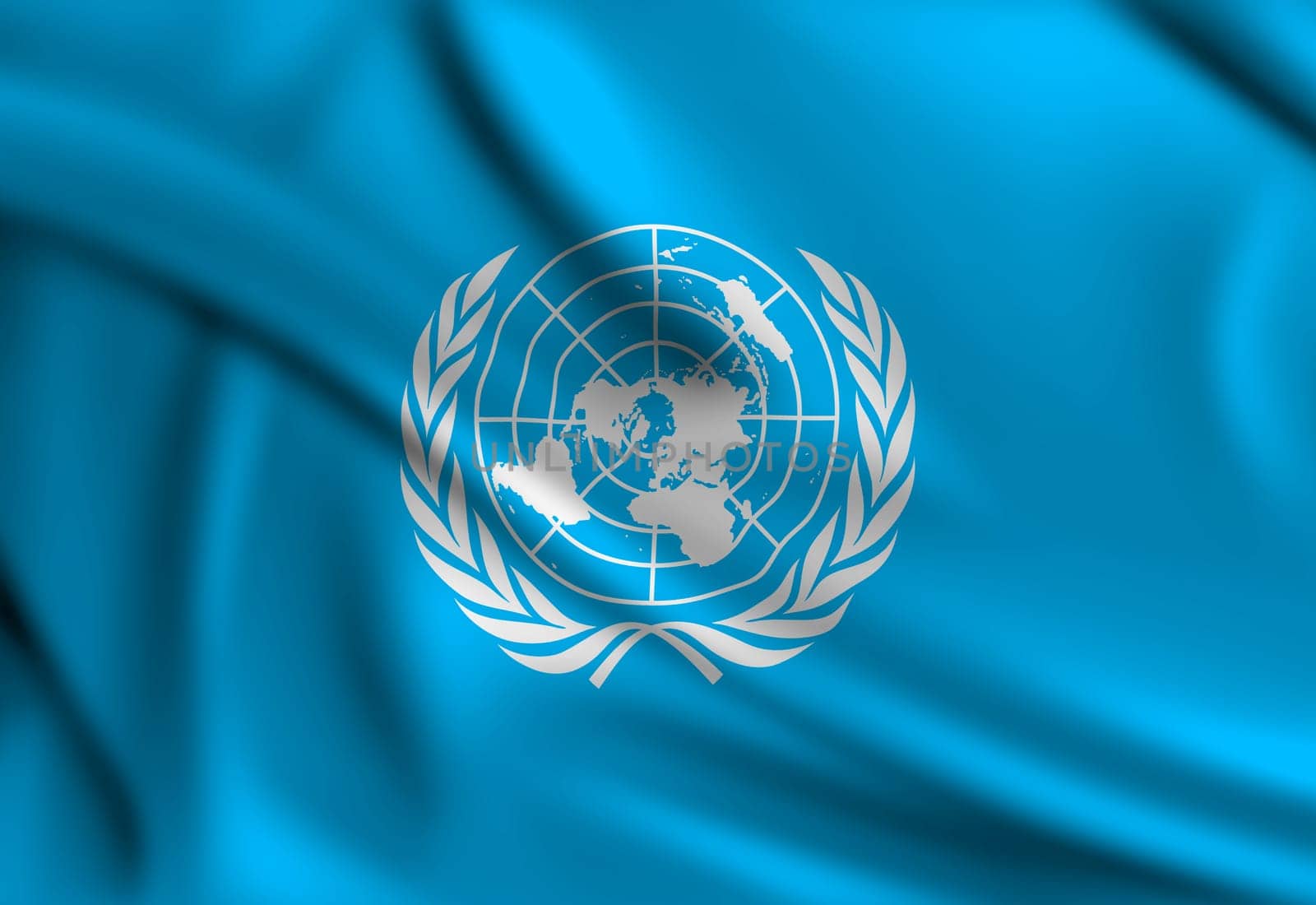United Nations flag covering the frame is waving in the wind