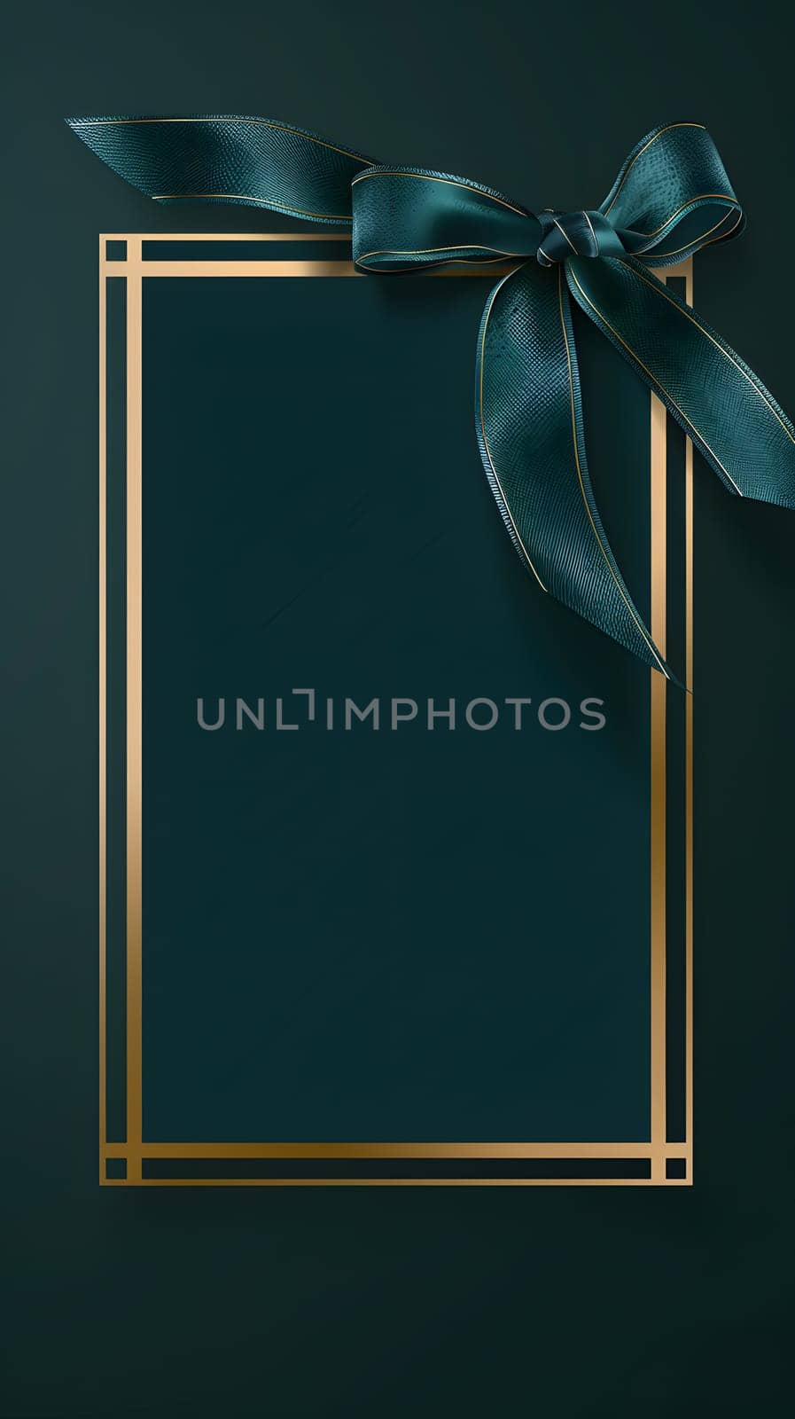 A rectangle picture frame made of gold with a transparent glass, adorned with an electric blue ribbon bow, on a dark green background symbolizing fashion and elegance