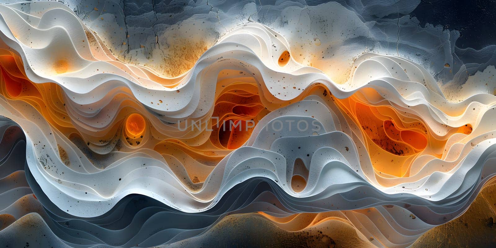 A close up of an art piece depicting a wave in vibrant orange and electric blue colors, capturing the energy and heat of the water in a mesmerizing pattern