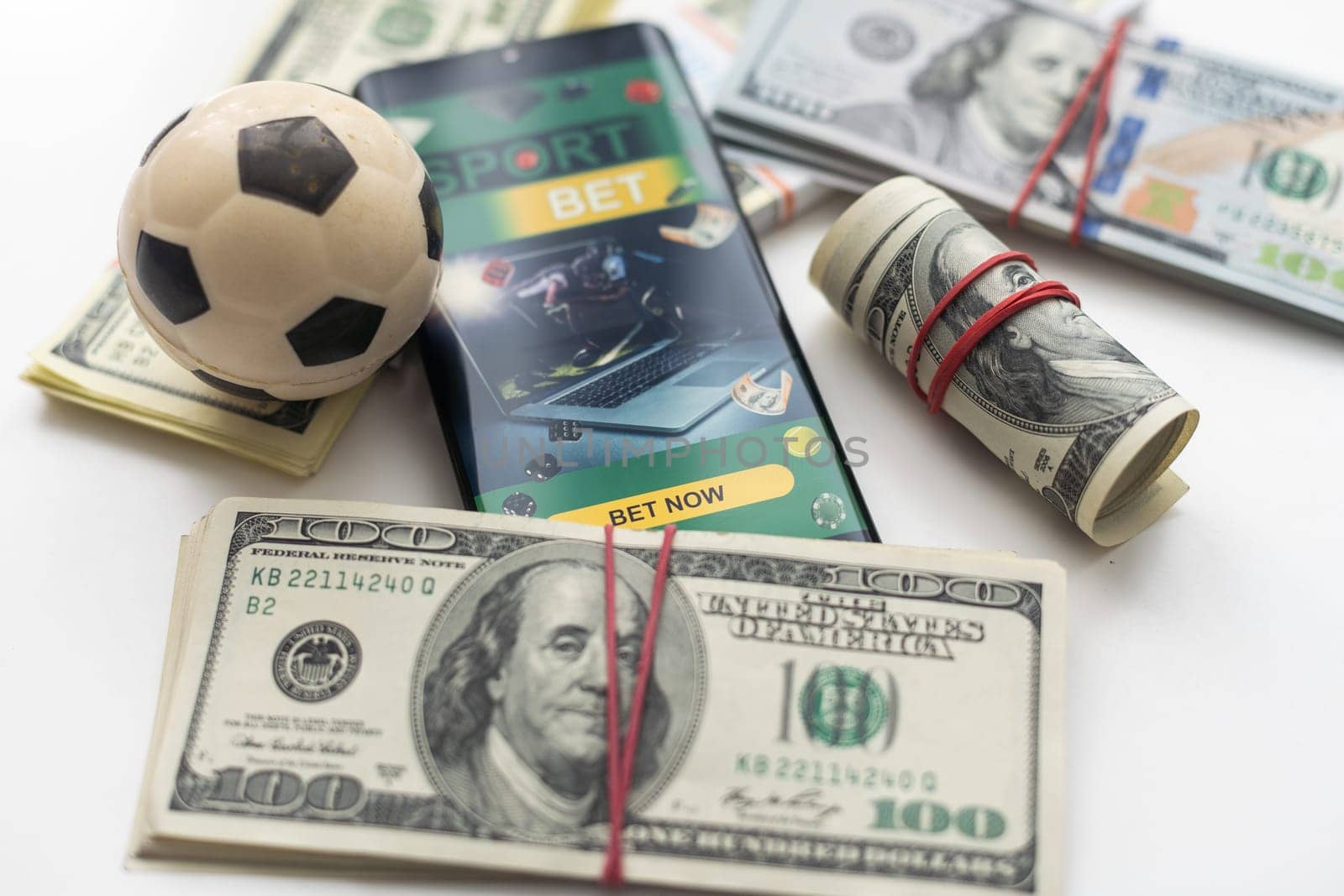 soccer ball over a lot of money. corruption football game. Betting and gambling concept. wold cup. High quality photo
