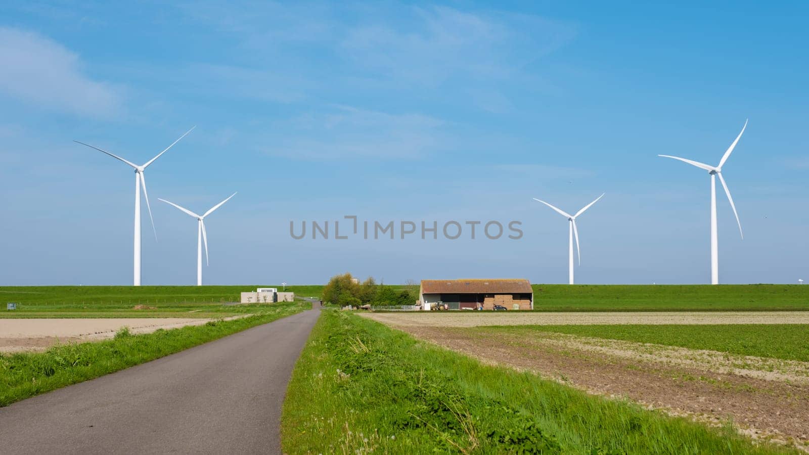 A scenic road winds through a vast field, with towering wind turbines in the background. The turbines spin gracefully in the wind, harnessing renewable energy in the Noordoostpolder Netherlands
