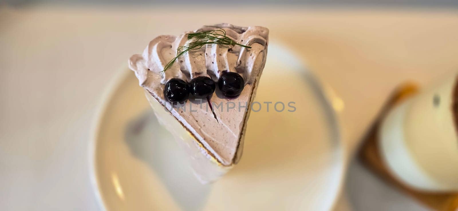 slice of blueberry cake decorated with fresh berries on white plate, delicious layered cake, top view in the cafe