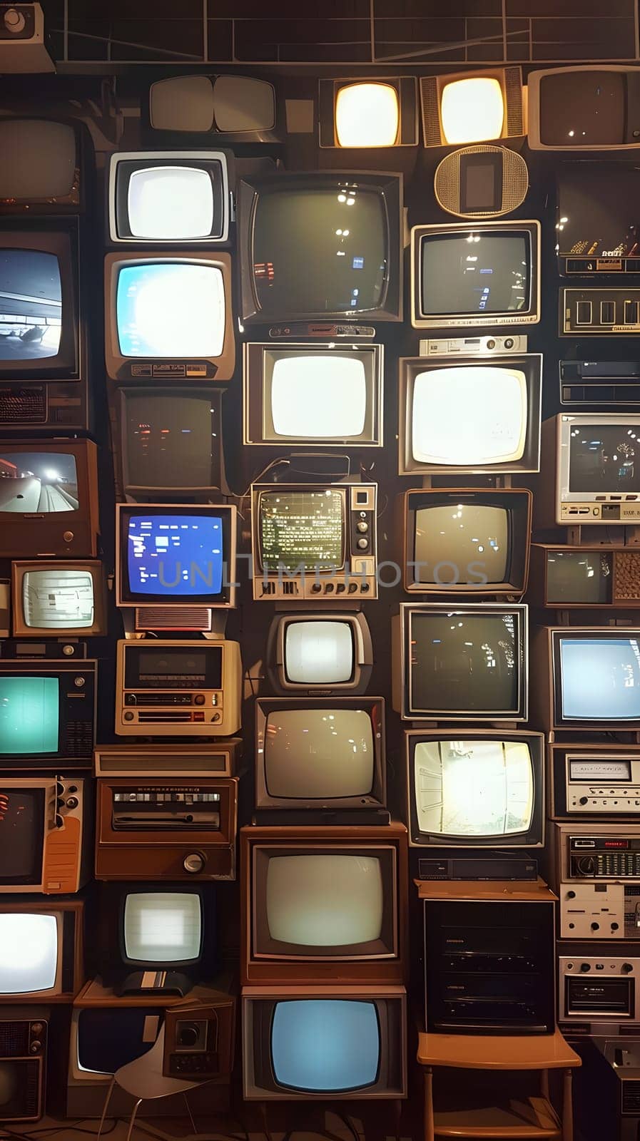 Several vintage televisions are stacked on top of each other in a brown building with a wooden facade. The rectangle shelving is made of hardwood and metal, contrasting with the wood flooring