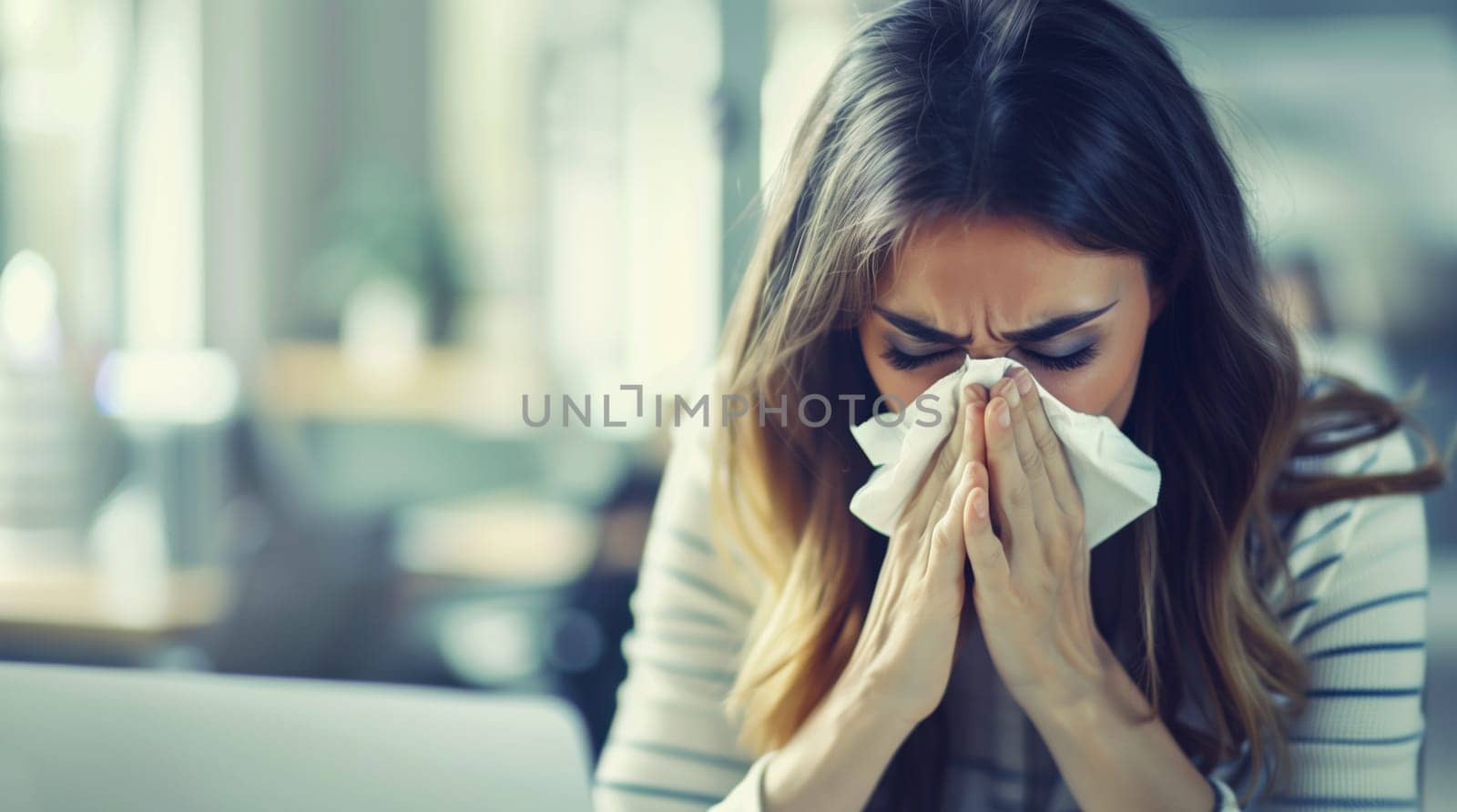 Sick exhausted caucasian woman employee sneezing blow nose with tissue, suffers from influenza virus in workplace in the office