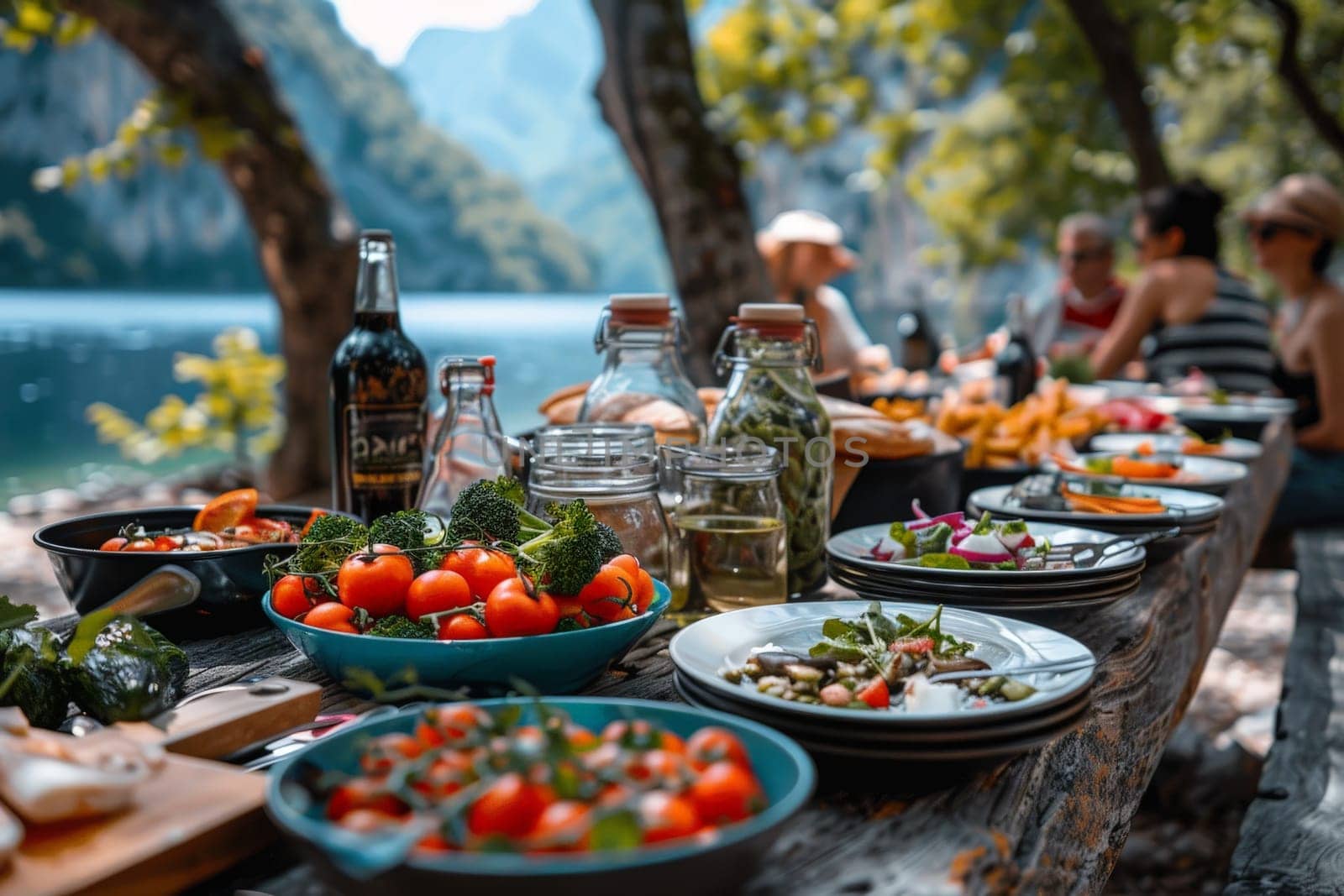 A forest glade picnic with a spread of summer treats, Picnic in summer park with food and drink.