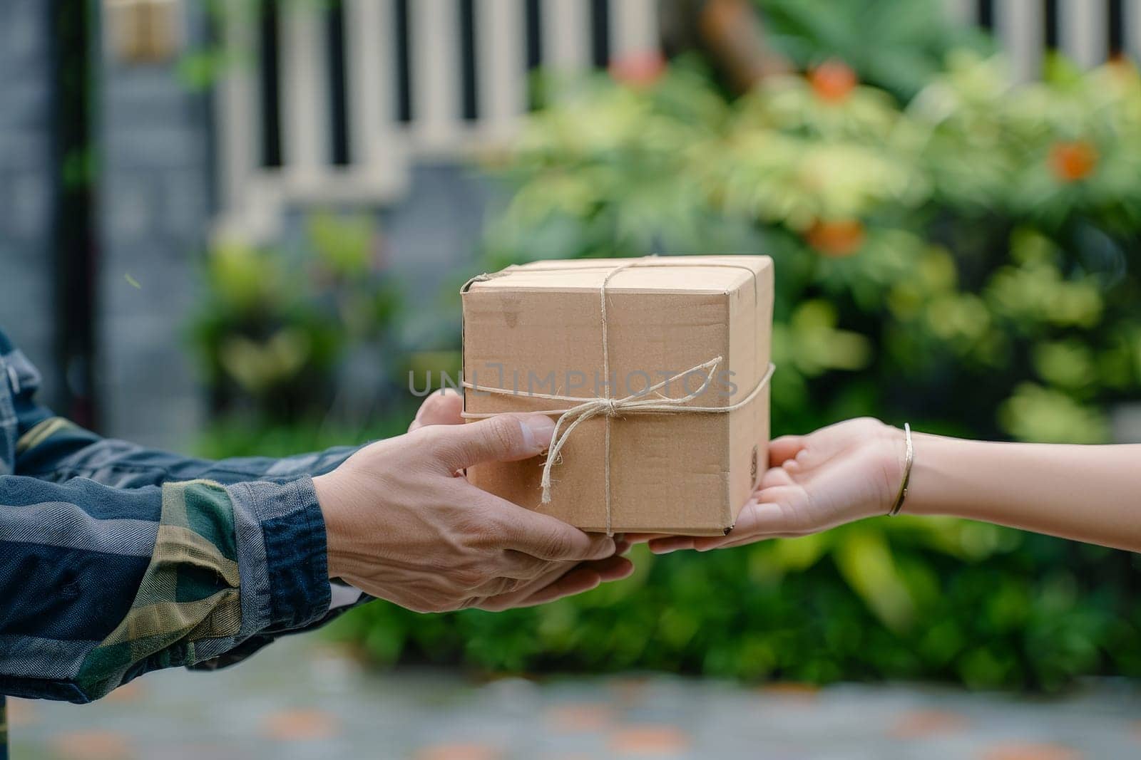 Man hand accepting a delivery of boxes from deliveryman, Delivery concept by nijieimu