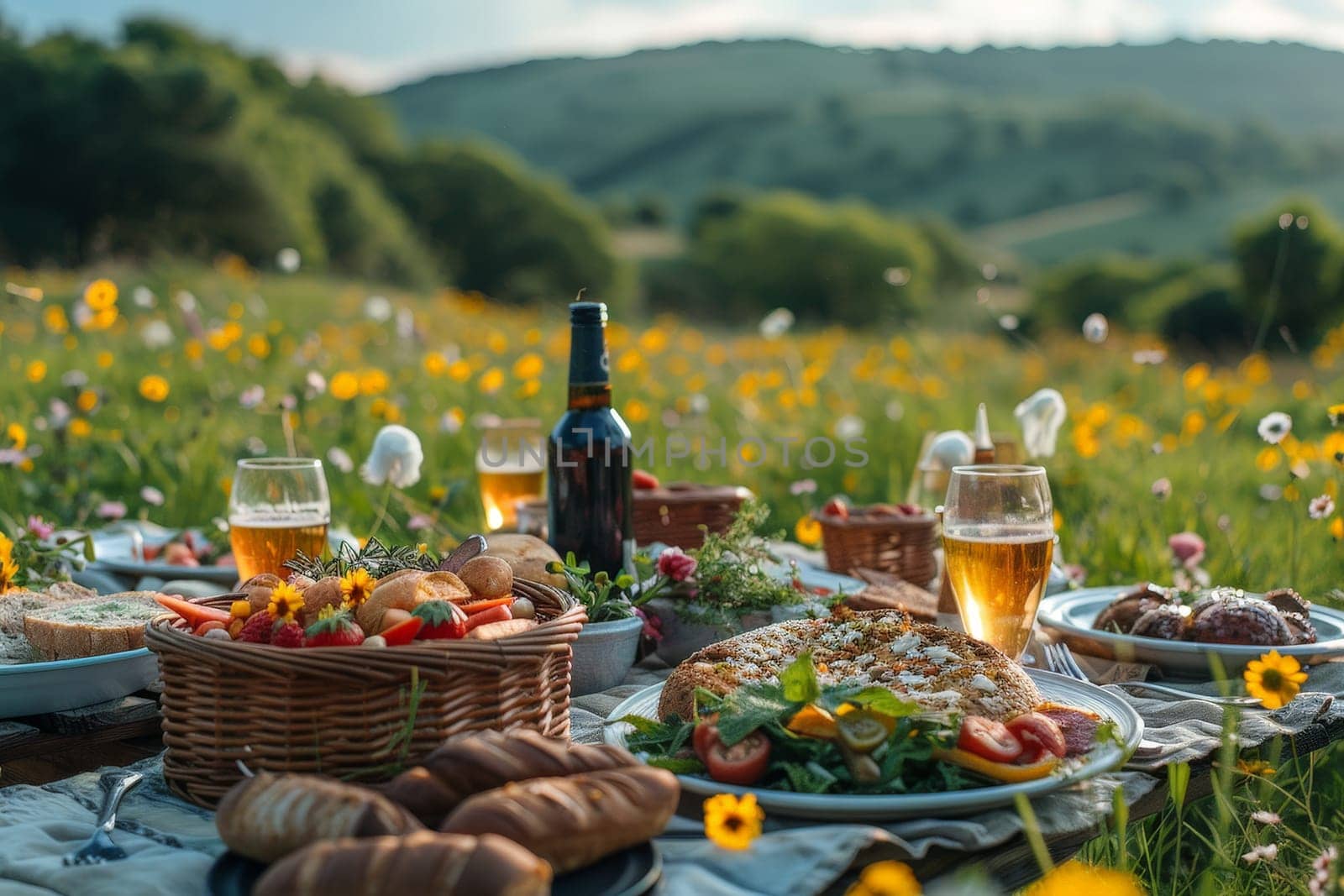 A forest glade picnic with a spread of summer treats, Picnic in summer park with food and drink.