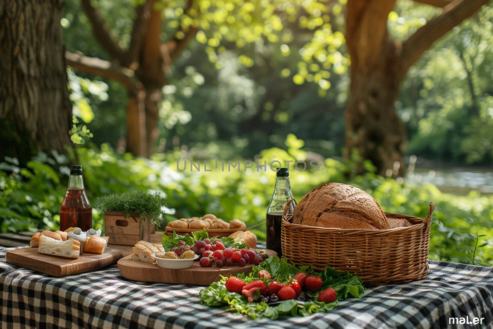 A forest glade picnic with a spread of summer treats, Picnic in summer park with food and drink by nijieimu