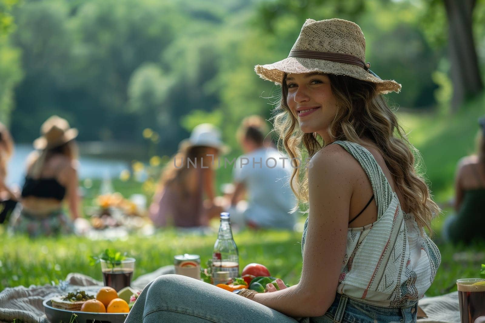 Happy young woman enjoying picnic party, Good time during a picnic.