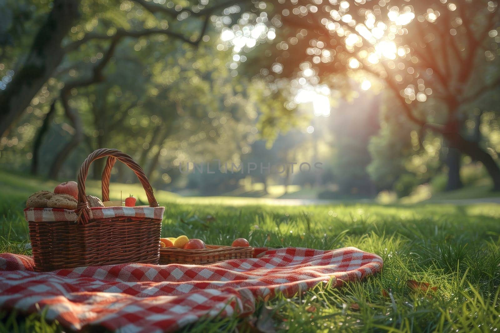 Red and white checkered blanket on the green grass, A picnic scene on a sunny day by nijieimu