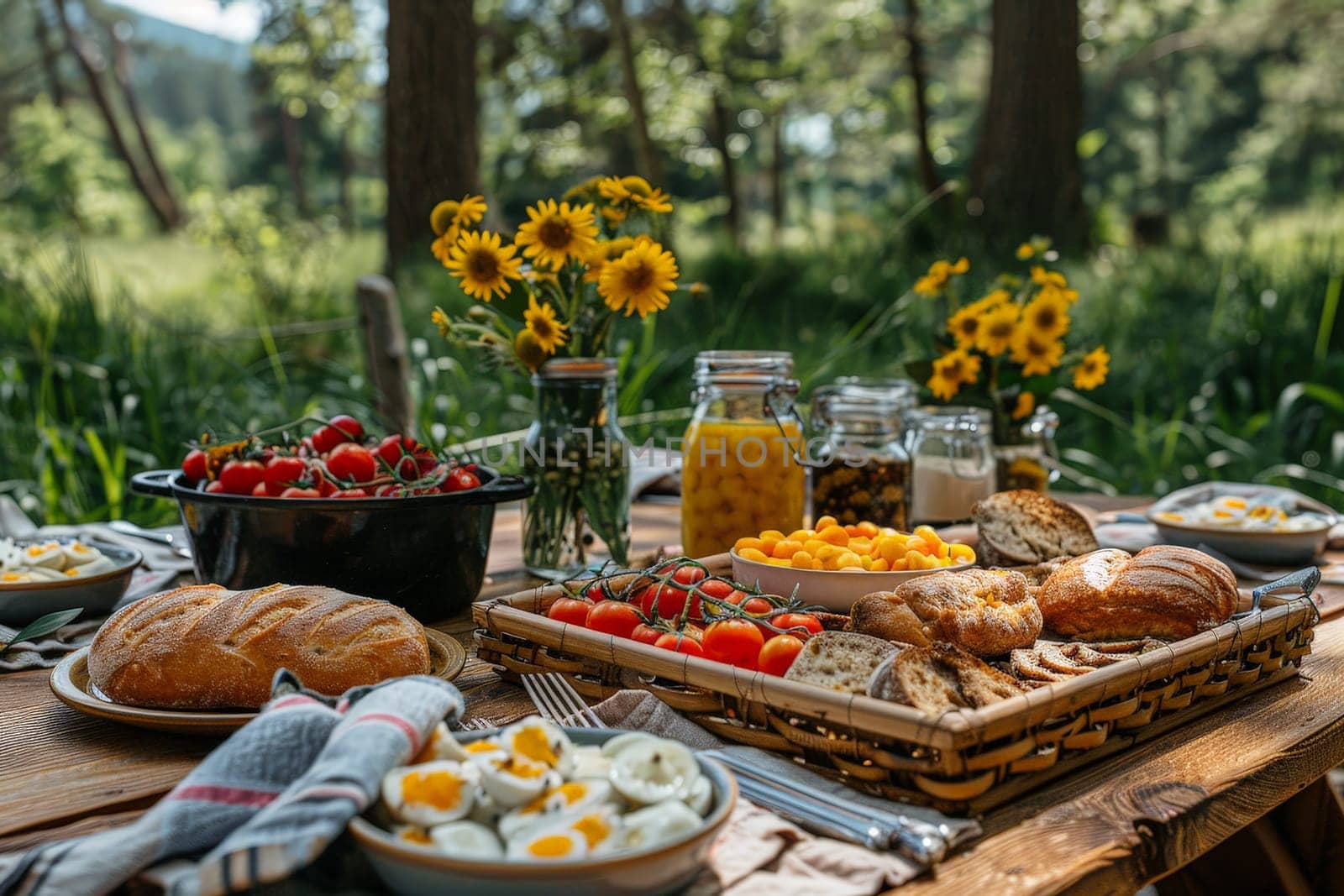 A forest glade picnic with a spread of summer treats, Picnic in summer park with food and drink.