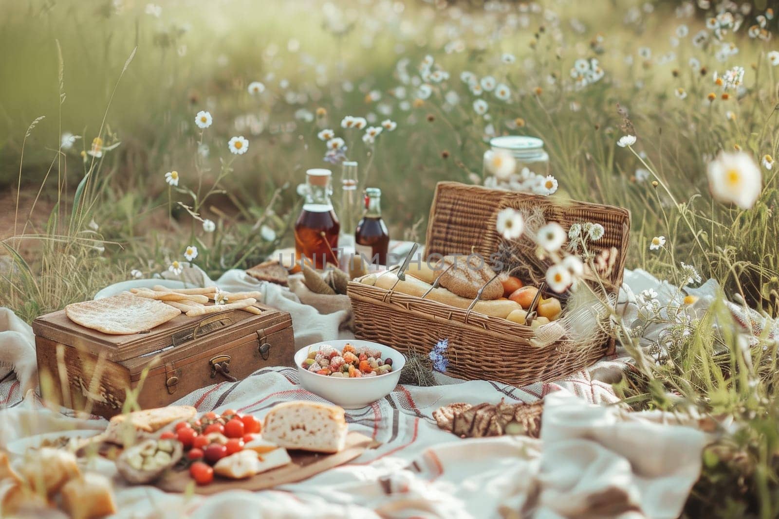 A forest glade picnic with a spread of summer treats, Picnic in summer park with food and drink.