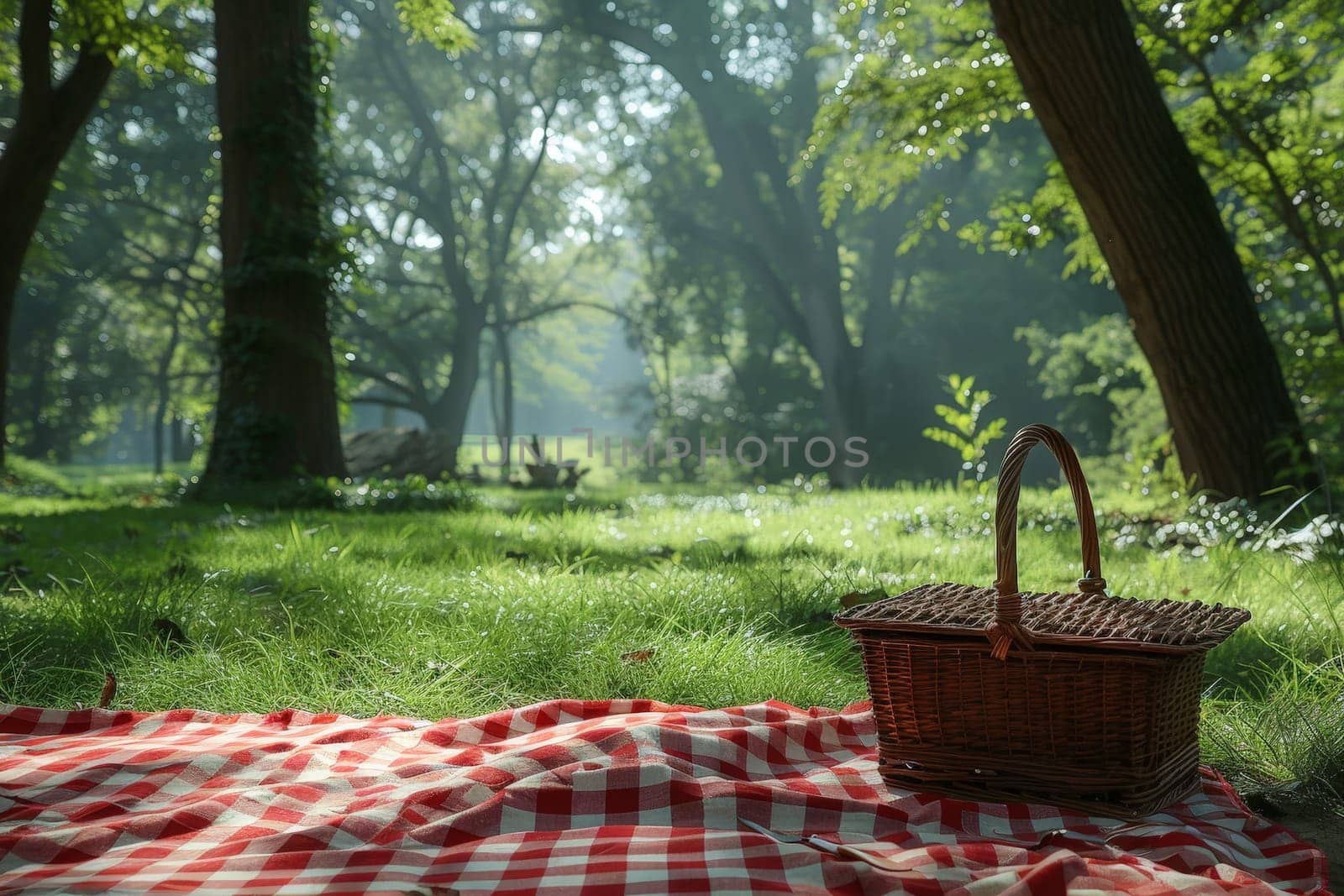 Red and white checkered blanket on the green grass, A picnic scene on a sunny day.