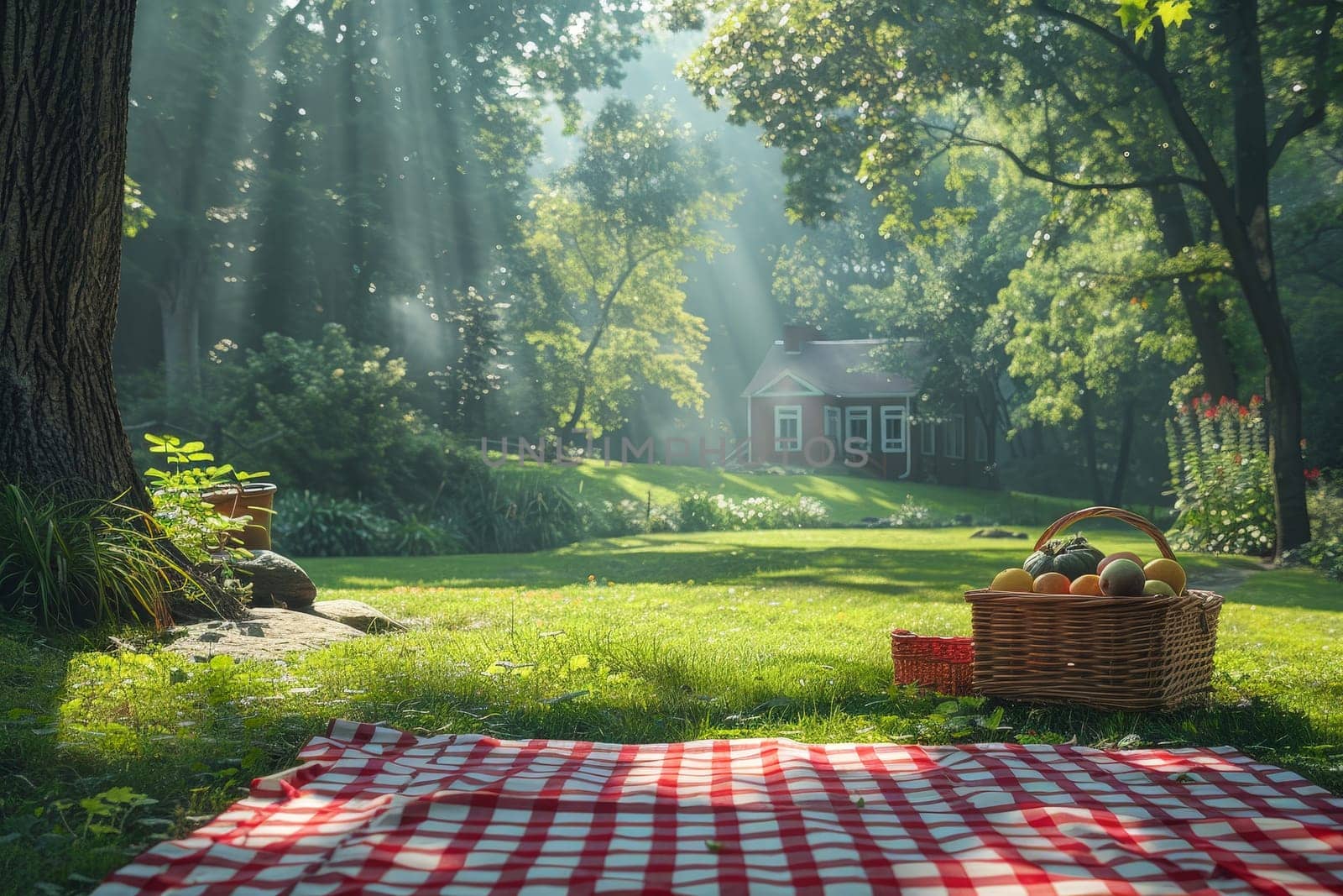 Red and white checkered blanket on the green grass, A picnic scene on a sunny day.
