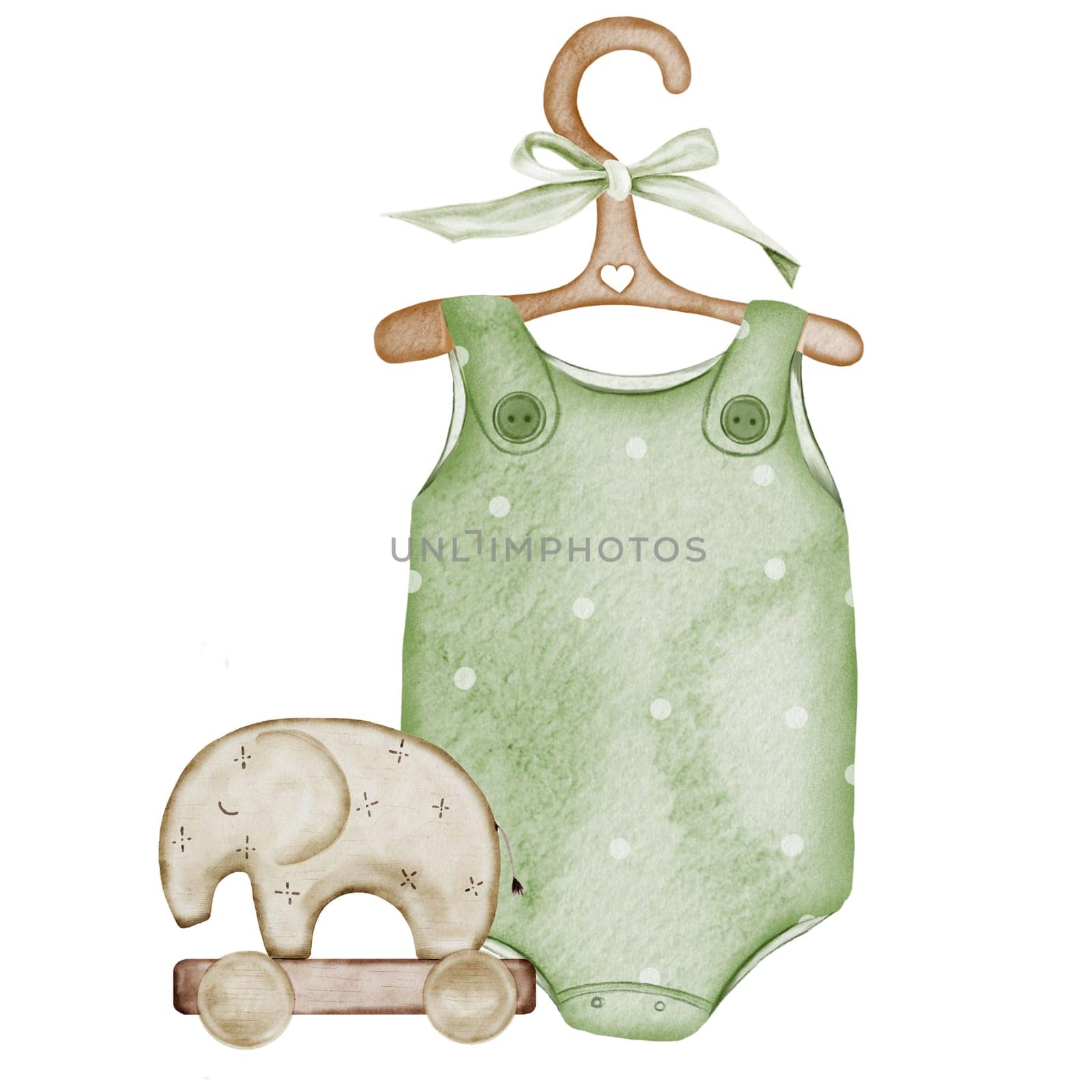 Baby clothes watercolor. Children's bodysuit hand drawing isolated on white background. Clip art romper in pastel colors on a wooden hanger with a bow and elephant toy. For the design of children's cards and baby shower invitations by TatyanaTrushcheleva